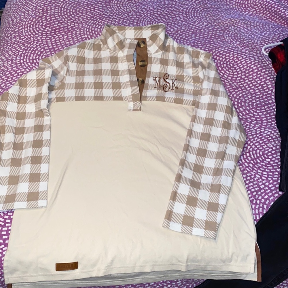 Tan Buffalo plaid and cream half button monogram MSK Large NWT